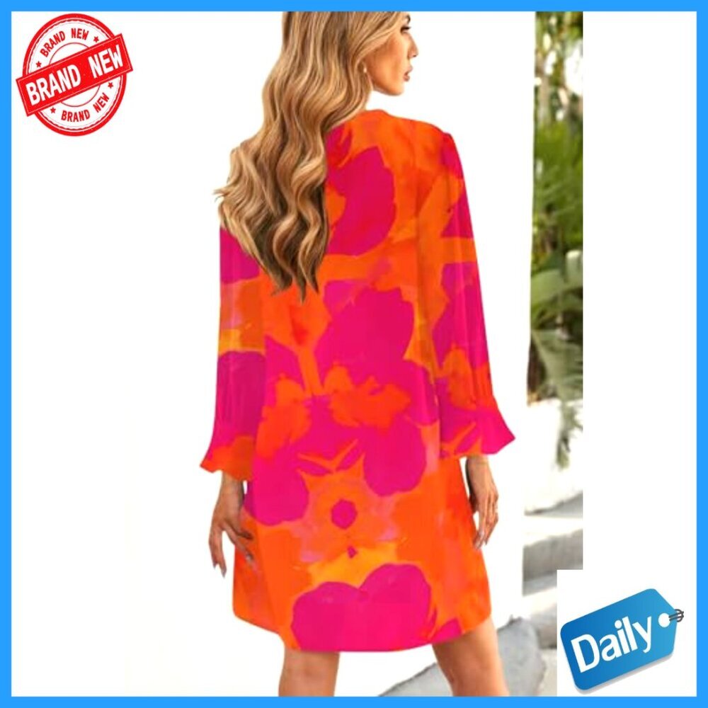 Long Sleeve V-Neck Mini Tunic Dress Loose Fit Polyester Casual - Picture 5 of 7
